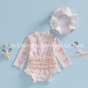Traje de Baño de Verano para Bebés y Niñas Pequeñas con Lazo, Cuello Redondo, Manga Larga, con Gorro, Marca Privada - Product Image 2