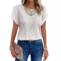 Camiseta de Moda con Encaje para Mujer, Blusa Casual de Verano con Cuello Redondo, Ropa de Oficina para Damas, Camisetas Holgadas de Manga Corta para Mujer