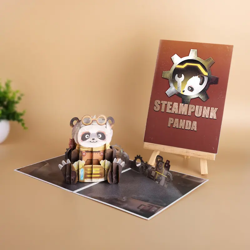 Custom New Design Steampunk Panda Feliz Aniversário 3d Pop Up Cartão Para Lembrança