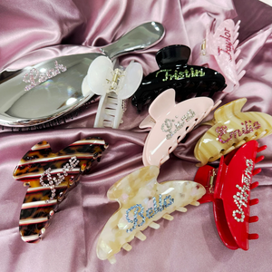 Pinzas para el pelo de acetato personalizadas grandes de nuevo diseño de fábrica, pinzas para el pelo <span class=keywords><strong>con</strong></span> logotipo de diamantes de imitación para niñas, pinzas para el pelo para exteriores de verano - Product Image 1