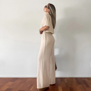 Custom Fashion Linen Set Mulheres Verão Perna Larga Calças De Linho Set para Mulheres Casual Mulheres Tops Conjuntos De Linho 2 Peça