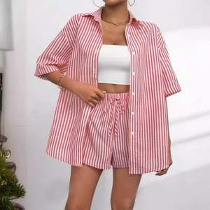 I-0607 <b>Women's</b> Fashion Cross-Border Casual Two-Piece <b>Set</b> American Style Lapel Striped Short Sleeve Knee Knitting Shirt <b>Set</b> - Product Image 1