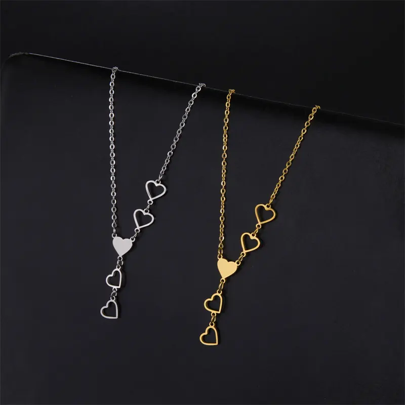 Fashion New Design Sweet Gold Plated Tassel Hollowed Out Heart Necklace Stainless Steel Jewelry