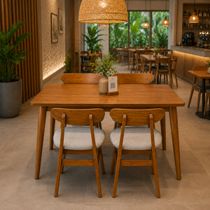 Contemporary Teak Wood Dining Furniture Set with Curved <b>Captain</b> <b>Chairs</b> Minimalist Table for Home Cafe Hospitality Use - Product Image 1