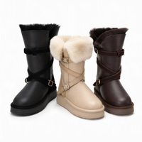 Bottes d'hiver pour femmes en cuir véritable mi-mollet avec col en fourrure de mouton, doublure en fausse fourrure, semelle plateforme pour les jours de neige
