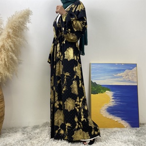 Abaya Dorada Abierta para Ramadán con Cinturón Ajustado Incorporado, Túnica Larga con Estampado Floral y Bolsillos Laterales para Mujeres Musulmanas 1444 # - Product Image 3