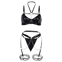 Set Lingerie Kain Mengkilap Halter dengan Hiasan Rantai Cincin Baja, Desain High Gather, Pakaian Intim untuk Wanita, Pesta Malam Pribadi