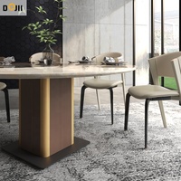 Îlot de cuisine haut de gamme turc, plateau en bois brut, base en aluminium et cuir, table ronde de salle à manger de 120 cm et chaises pour 4 personnes