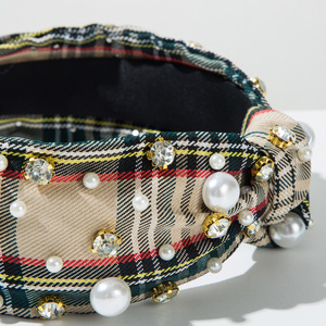 Custom Fashion Plaid Knot <strong>Headband</strong> for Women Girls Pearl Rhinestone Wide Hairband Christmas Holiday Party Accessories Headwear - Product Image 5