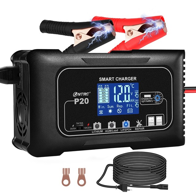 HTRC P20 20A 12V-24V Smart Battery Charger for Car Motorcycle Battery Lead Acid AGM Lithium LiFePo4 Batteries