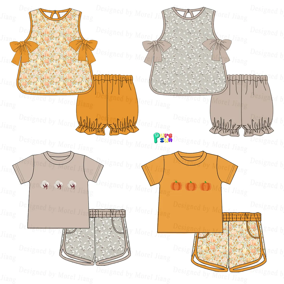 2024 Fall Styles Girl Clothing Set Boutique Wholesale Pumpkin Shorts Sets ODM   OEM Service-Puresun