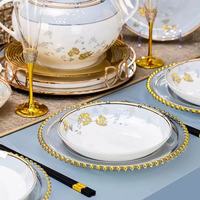 Service de vaisselle en porcelaine de Jingdezhen à motif floral avec bordure dorée de luxe, compatible lave-vaisselle, micro-ondes et four, idéal pour les banquets à domicile et les cadeaux