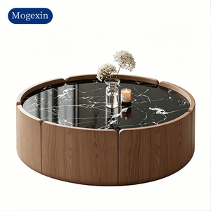 <b>Round</b> <b>Nesting</b> <b>Coffee</b> <b>Table</b> Set with Black Stone Top & Walnut Veneer Base for Living Room Hotel Lobby - Product Image 6