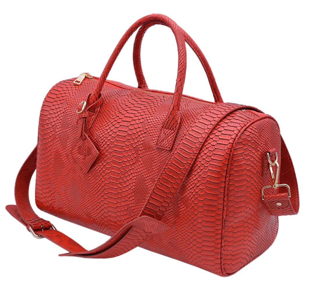 Wholesale Custom Red Snakeskin Vegan Leather Large Tote And Carry on Duffel Weekend Gym Travel Duffle Bags