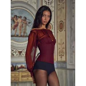 Top Corsé Personalizado 2026 para Mujer, con Hombros Descubiertos, Manga Larga de Gasa, Estilo Bodycon, con Capa Transparente y Diseño Translúcido - Product Image 6