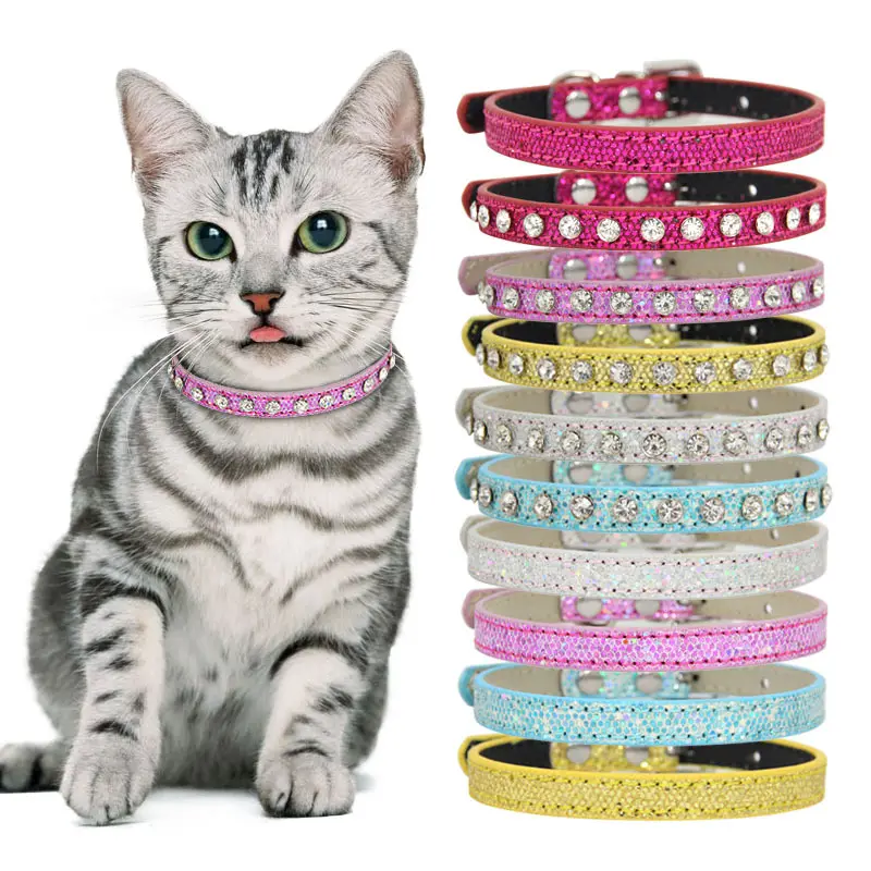 Bling Crystal Pu Lederen Meisje Puppy Kragen Roze Strass Verstelbare Oogverblindende Schattige Met Diamanten Bezaaide Kattenhalsbanden