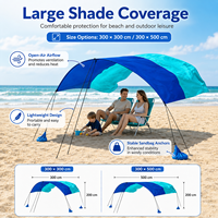 Toldo de Playa, Protección Solar 300*300cm UPF 50+, Resistente al Agua y al Viento, Portátil, de Fácil Montaje, Refugio para Campamento al Aire Libre, Postes de Acero