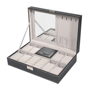 <span class=keywords><strong>Caja</strong></span> de Almacenamiento de Joyas Rectangular Multifuncional de Cuero PU Gris Negro, a Prueba de Polvo, <span class=keywords><strong>para</strong></span> <span class=keywords><strong>Relojes</strong></span>, Collares y Anillos, con Forro de Gamuza y Espejo - Product Image 4