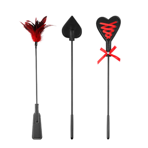 BANSEY Black and <b>Red</b> Leather Spanking Crop Heart Shaped Butt Slapper Fluffy Feather Tickler Erotic Roleplay Passion Props - Product Image 1