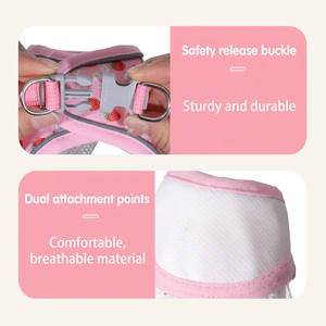 Arnés de malla ajustable para mascotas, chaleco con estampado de fresas para perros y gatos con correa rosa - Product Image 4