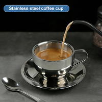 Nouvelle Tasse à Café Design, Haute Qualité, en Acier Inoxydable 304 Double Paroi Argenté, Tasse à Lait et Thé avec Soucoupe