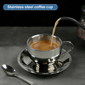 Nuova Tazza da Caffè di Design in Acciaio Inox 304 Doppio Strato Argento di Alta Qualità con Piattino per Latte <span class=keywords><strong>e</strong></span> Tè - Product Image 3