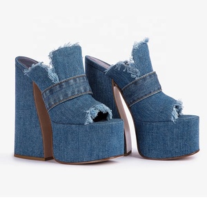 High Chunky Heels Women Thick Platform Peep Toe Denim Sandals Summer on Slippers Jeans <b>Shoes</b> Custom Logo Colors - Product Image 2