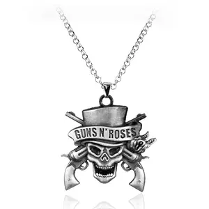 Popular Cheap Punk Style Guns N' Roses Retro Skull Head Gun Pendant Necklace