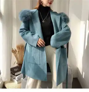 QIUCHEN JM2001 Winter Frauen lange Alpaka Woll jacke mit Fuchs pelz Kapuze Double Face Gürtel Woll mantel