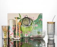Vente en gros de 9 pièces d'ensemble de thé matcha en verre, kit complet d'outils pour la cérémonie du matcha avec tasse en verre gravée, emballé dans un coffret cadeau