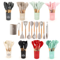THEONE Ensemble d'ustensiles de cuisine en silicone 12 pièces avec manches en bois, spatule, pince, cuillère antiadhésives pour la cuisson