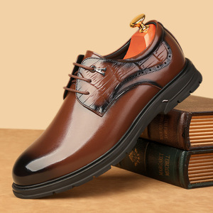 Chaussures Richelieu en cuir pour hommes, bout rond, à lacets, antidérapantes, pour mariage, couleur unie, semelle extérieure en caoutchouc, doublure en cuir véritable - Product Image 1