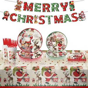 Ensemble de vaisselle jetable pour fête de Noël, assiettes en papier, serviettes, couverts, thème Père Noël, design de dessin animé pour les célébrations de Noël - Product Image 5