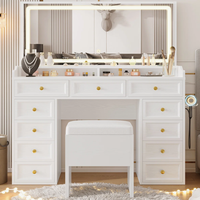 Coiffeuse avec 11 tiroirs et grand miroir LED éclairé de 47 pouces, avec une prise électrique et un tabouret de rangement