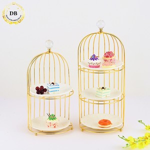 Altın Metal 2 Katlı Seramik Tabaklı Pasta Tepsisi Düğün Tatlı Masası Sunum Seti 3 Katlı Pasta Standı Seramik Tabaklarla - Product Image 1