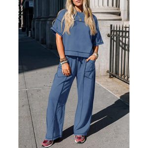 Fisoew Womens 2 Piece Lounge <b>Set</b> Short Sleeve Top Wide Leg Pants Casual Matching Outfit All Seasons Breathable <b>Knitted</b> Wear - Product Image 5