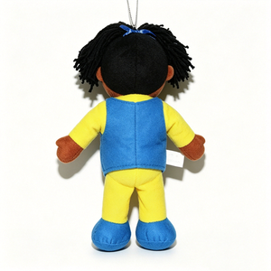 Marionnette à main en peluche personnalisée, fille à peau foncée, corps entier, bouche mobile, dreadlocks, cheveux bleus, nœud, accessoires d'anniversaire, doublure en maille - Product Image 3
