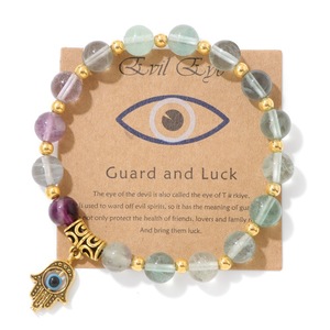 Bracelet porte-bonheur œil maléfique et main de Hamsa, bracelet bohème en pierre de protection avec carte, bracelet extensible en pierres précieuses, bijoux œil maléfique - Product Image 3