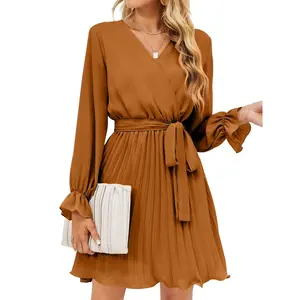 Women's Fashion Dress Long Sleeve Elegant Dress Casual V-neck Pleated Mini Dress with Belt