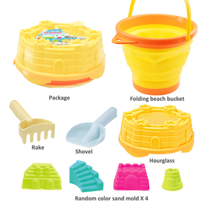 Seau pliable de 2,5 L avec râteau, pelle et moule à sable – Ensemble d'outils et jouets de plage d'été pour enfants – Jouets portables pour le sable - Product Image 1