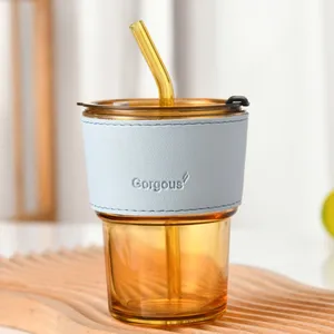 Ins Style 400ML Glass Bamboo Cover Cup Coffee Mug Cup Sleeve Holder Waterproof Water Cup With Lid Straw Set