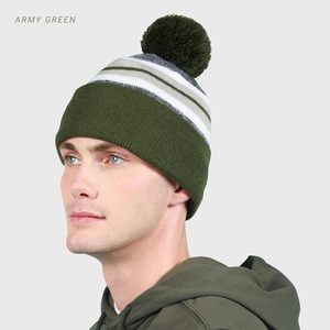 Stripe Beanie Hat With Pom Pom Winter Knit Cap For Men And Women Outdoor Ski Cap Keep Warm Blue Gray <b>White</b> <b>Acrylic</b> - Product Image 5