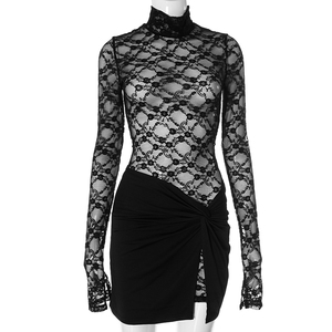 2025 nuovo arrivo abito tinta unita <span class=keywords><strong>pizzo</strong></span> trasparente a maniche lunghe Mini gonna due pezzi lavorato a <span class=keywords><strong>maglia</strong></span> completo da donna - Product Image 6