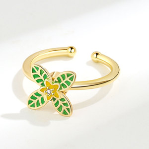 Anillos giratorios antiestrés Green Drop Glue con hojas verdes PVD, ajustables, de cobre chapado en oro, joyería para aliviar el estrés para niñas - Product Image 5