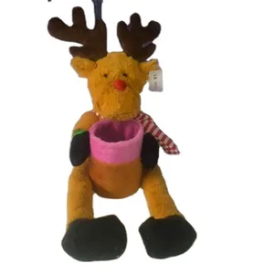 41cm promotional customized stuffed plush christmas reindeer(moose) animal toy with striped hat&pen container(holder)
