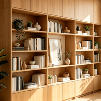 E0 Écologique en Contreplaqué de Chêne Naturel Laqué Modulaire Moderne, Meuble Bibliothèque Mural du Sol au Plafond, Robinet d'Évier, Charnière