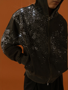 Sudadera con Capucha de Alta Calidad, 100% Algodón, Estilo Holgado, Gruesa, 500 Gsm, con Logotipo Personalizado de Pedrería, Cierre de Cremallera, para Hombre, Otoño - Product Image 3