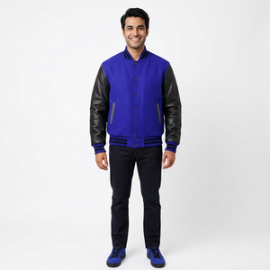Blouson universitaire à col montant pour homme, bleu et noir, très tendance, hiver, chauffant, FINER THREADS, respirant, décontracté, pour jeunes et adolescents - Product Image 1
