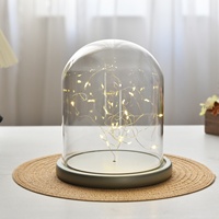 Dôme en verre avec éclairage LED, support pour fleurs éternelles, couvercle décoratif en verre pour bureau avec base en bois gris de haute qualité.
