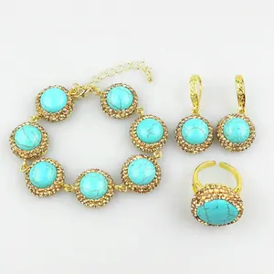 CH-HDN0581 Crystal turquoise stone beads jewelry set,hot selling stone jewelry,bracelet/necklace/earring/ring set wholesale